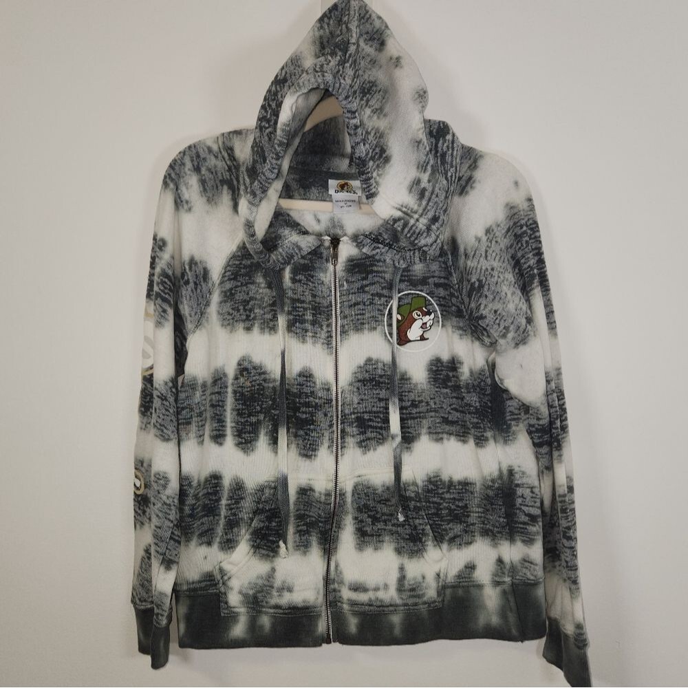 Buc-ee's Gray White Tie Dye Zip Up Hoodie Sweatshirt MEDIUM